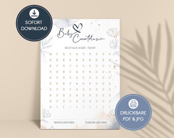 Emadele Babycountdown • PDF zum Download • Countdown zur Geburt · Digitale Vorlage · Kalender zum Ankreuzen · 100 Tage bis zur Geburt