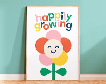 Happily Growing Children's Print | Positive Nursery and Kid's Room Print | Children's Room Art | Colourful Kids' Art