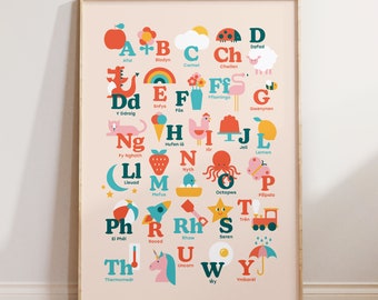 Welsh Alphabet Print  - Yr Wyddor. Kid's Welsh Alphabet Poster. Illustrated Welsh Alphabet Print for children's bedrooms and nurseries.