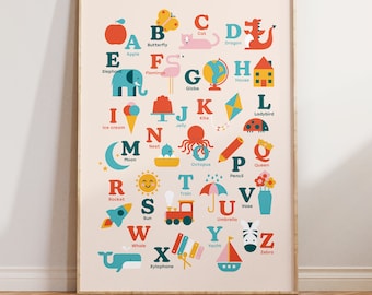 Children's Alphabet Print - Contemporary Alphabet Print for Children's bedrooms and nurseries. Colourful, illustrated Alphabet Print