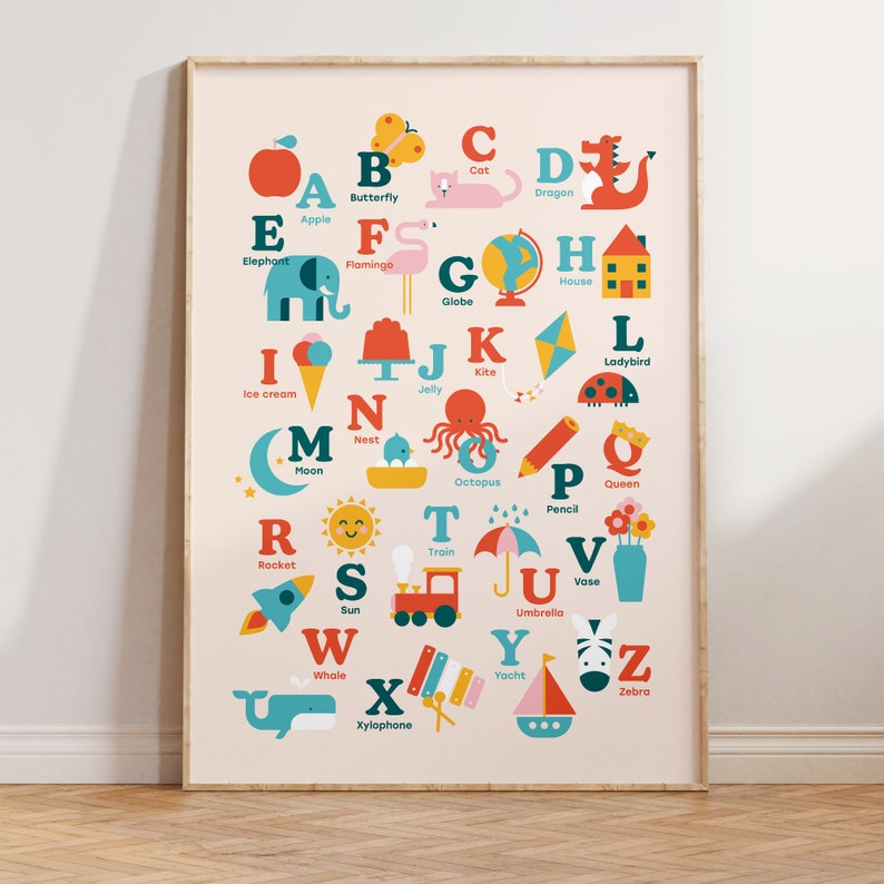 Children's Alphabet Print Contemporary Alphabet Print for Children's bedrooms and nurseries. Colourful, illustrated Alphabet Print image 1