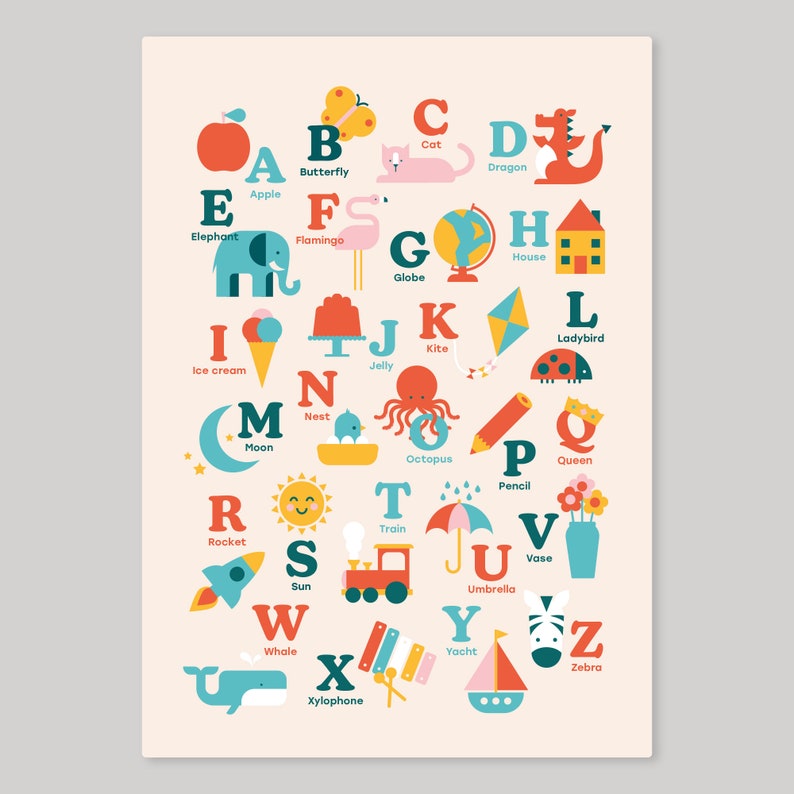 Children's Alphabet Print Contemporary Alphabet Print for Children's bedrooms and nurseries. Colourful, illustrated Alphabet Print image 2