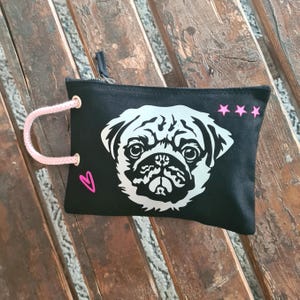 Kosmetiktasche, Schminktasche, Mops schwarz silber, 22x16 cm
