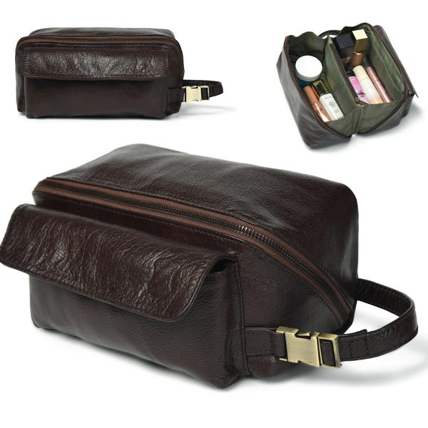 Bolsa de maquillaje Flypouch de piel suave de grano completo de primera calidad de Coyote Bay Leather®, bolsa organizadora de viaje grande, kit de afeitado y neceser.