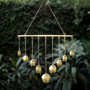 Bell Hanging with Nine Gold Bells on Metal Rod, Cow Bells, Boho Chic Chime, Garden decoration, Rustic metal Bell, Outdoor Wall Decor