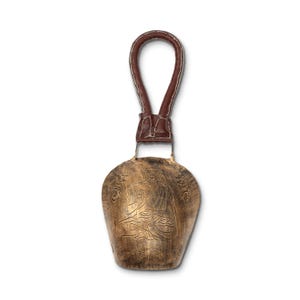 Rustykalny metalowy dzwonek w kształcie krowy, styl antyczny, skórzany uchwyt, dekoracja tarasu Gold Buddha