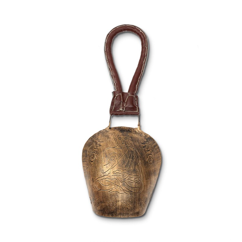 Rustykalny metalowy dzwonek w kształcie krowy, styl antyczny, skórzany uchwyt, dekoracja tarasu Gold Buddha