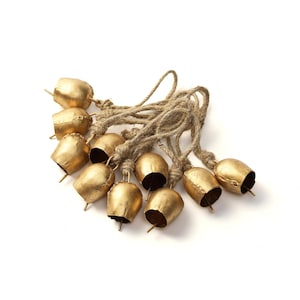 Pack of 10 Rustic Iron Bells with rope, Harmony Cow Bells, Wall hanging, Garden decor, Bells on Jute string, Vintage Bell, Christmas decor