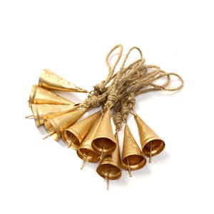 Pack of 10 Cone Bell, Rustic Iron Bells on Jute string, Harmony Cow Bells, Wall hanging, Garden decor, Vintage Bell, Christmas decor