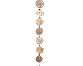 Decorazione murale con i 7 chakra in oro, decorazione murale con i chakra, arazzo da parete con i chakra, decorazione yoga, arazzo in metallo con i chakra, arazzo da porta con i chakra, arazzo con perline colorate