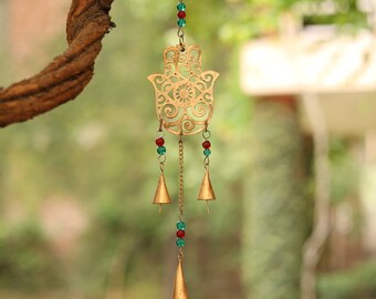 Metalowy dzwonek wietrzny Hamsa, rustykalny wystrój boho, dzwonki w stylu vintage