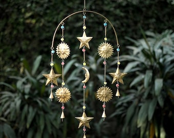 Celestial Wind Chime, Sun Moon Star Decor, Rustic Iron Hanging