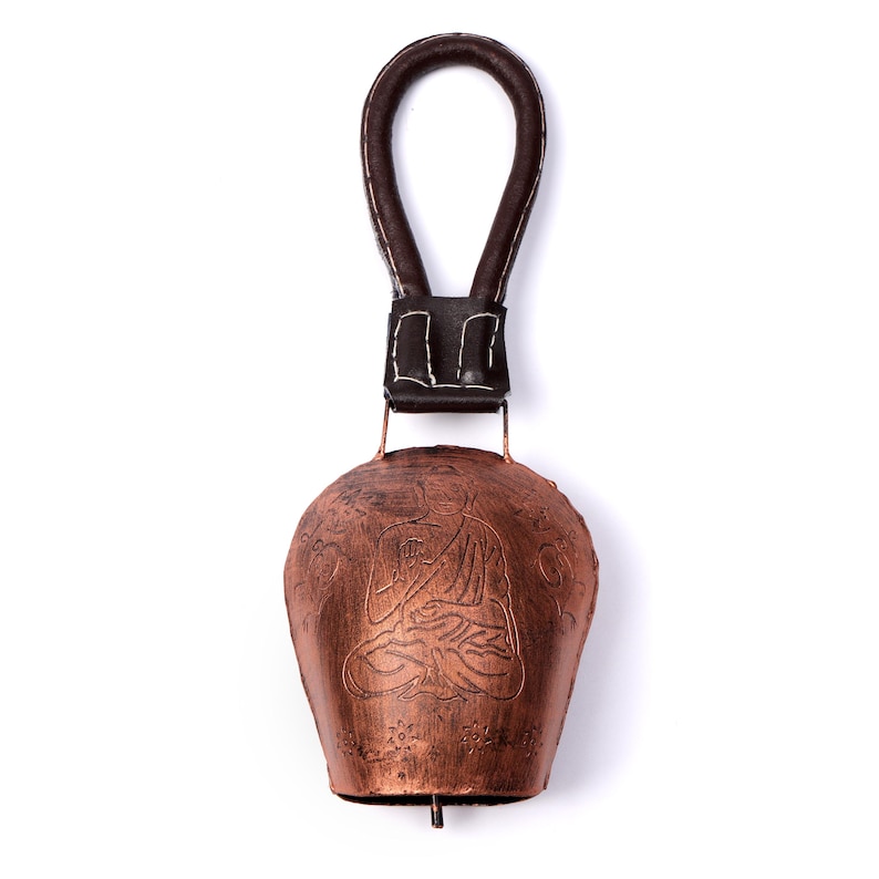 Rustykalny metalowy dzwonek w kształcie krowy, styl antyczny, skórzany uchwyt, dekoracja tarasu Copper Buddha