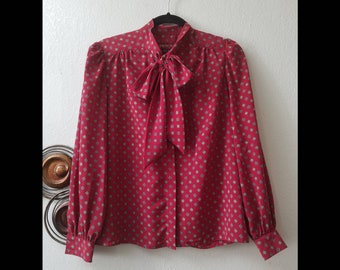 vintage darker red button down blouse with neck bow