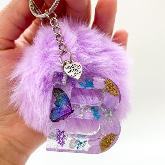 Homemade Custom Resin Letter Initial Keychain With Pom Pom and 