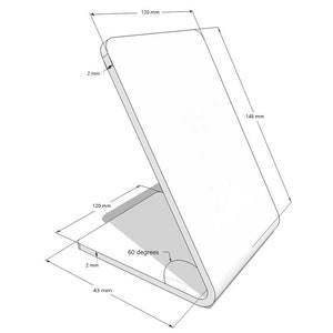 May include: A white phone stand with a 60-degree angle. The stand is 120 mm wide, 145 mm tall, and 43 mm deep.