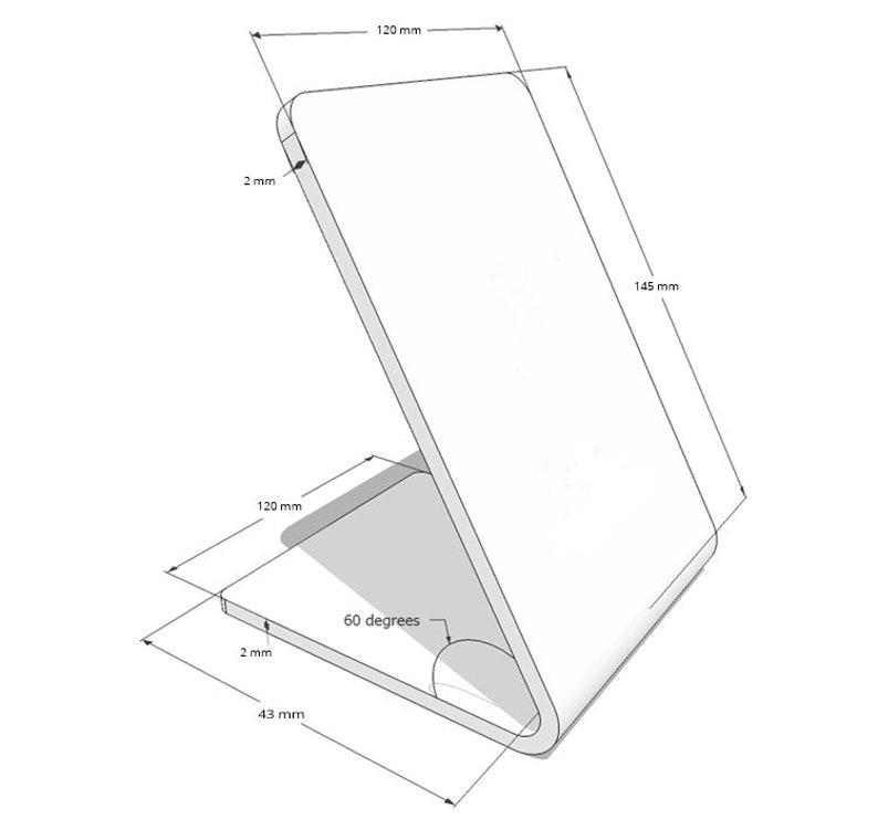 May include: A white phone stand with a 60-degree angle. The stand is 120 mm wide, 145 mm tall, and 43 mm deep.