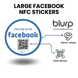 May include: A blue circle with the text "FOLLOW US ON facebook" and a QR code. The circle is connected to a purple line with a measuring tape icon and the text "100mm Sticker". Another purple line connects the circle to a QR code with the text "Direct QR Link". The text "blurp www.blurpdevices.com" is in the upper right corner of the image.