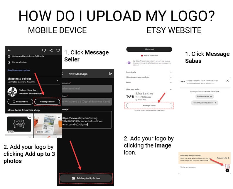 May include: Two screenshots showing how to upload a logo to an Etsy shop. The first screenshot shows a mobile device with a button that says "Add up to 3 photos". The second screenshot shows a computer screen with a button that says "Message Seller".