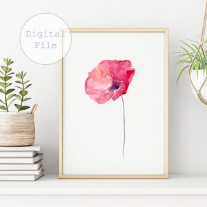 Pink Poppy Flower Print, Printable Minimalist Wall art, Digital Download DIY Print, Floral Print Watercolor Wall Decor,Poster Poppy Painting