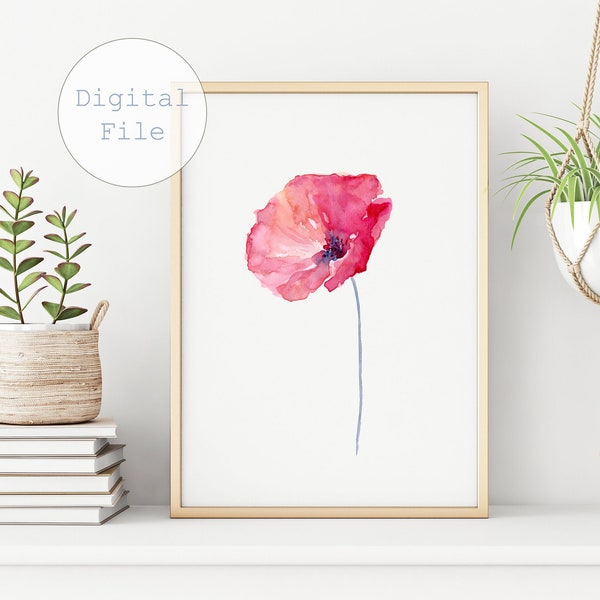 Pink Poppy Flower Print, Printable Minimalist Wall art, Digital Download DIY Print, Floral Print Watercolor Wall Decor,Poster Poppy Painting