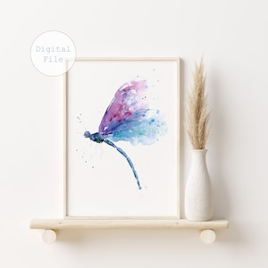 Dragonfly watercolor print, Printable kids bedroom wall art, Digital download dragonfly illustration
