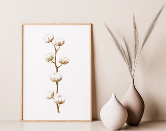 Aquarel katoenbloemkunstprint: botanisch muurdecor (digitale download)