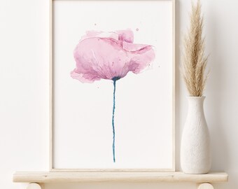 Pink Poppy Watercolor Print: Minimalist Floral Wall Art (Digital Download)
