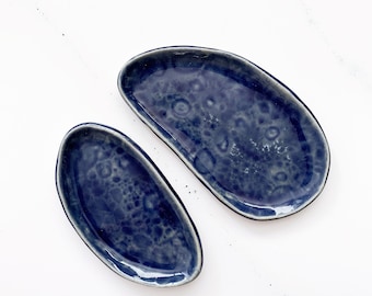 Set of 2 mini dishes in glossy blue glaze and ice flowers look *seconds, soap dish, spice dish, unique christmas gifts, ceramic gift, boho
