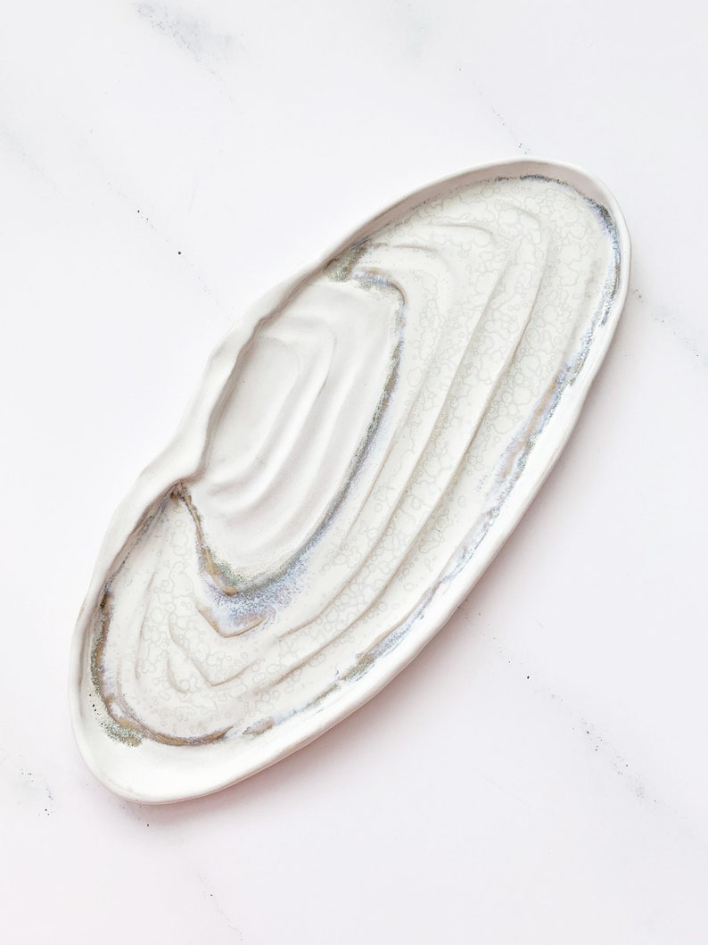 Handmade shell platter in matte and glossy glazed stoneware second, christmas gift, unique home decoration, boho, white home decor image 1