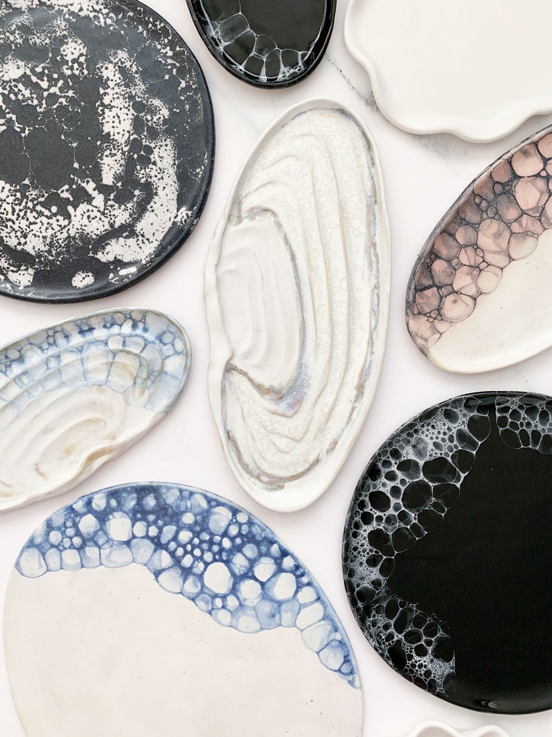 Handmade shell platter in matte and glossy glazed stoneware second, christmas gift, unique home decoration, boho, white home decor image 2