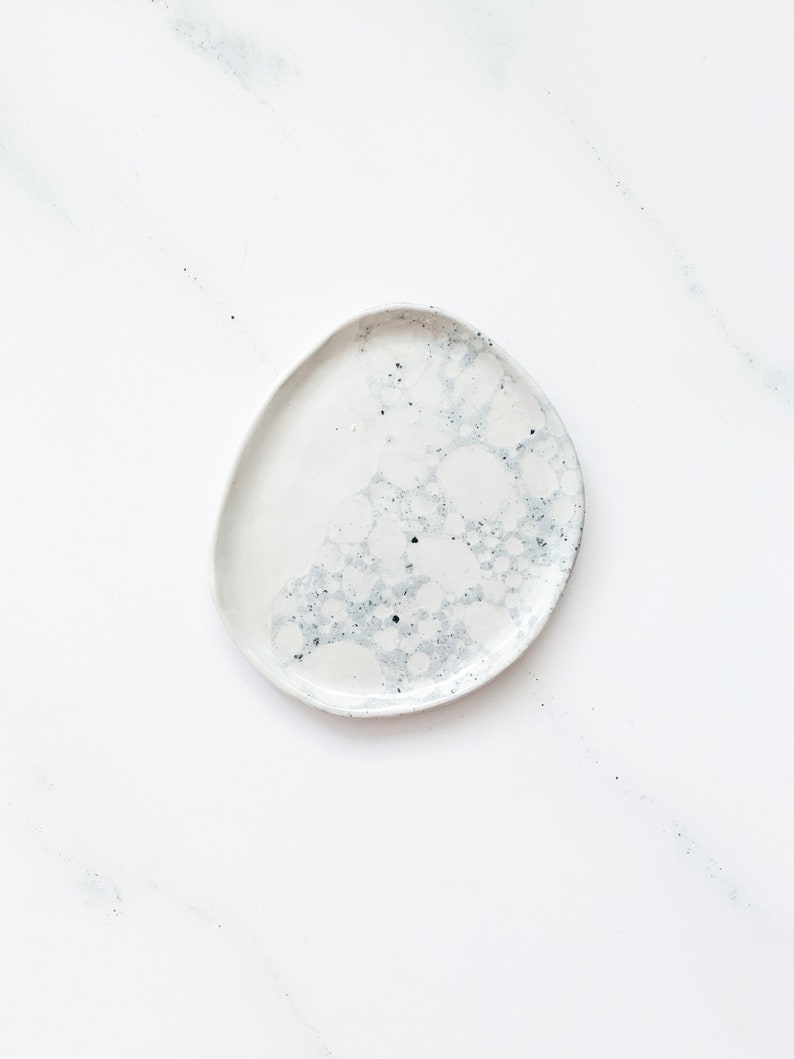 Mini white gray plate in bubble glaze with speckles of black, handmade gift, white ceramics, christmas gift, home decor, jewelry dish, nr.29 image 1