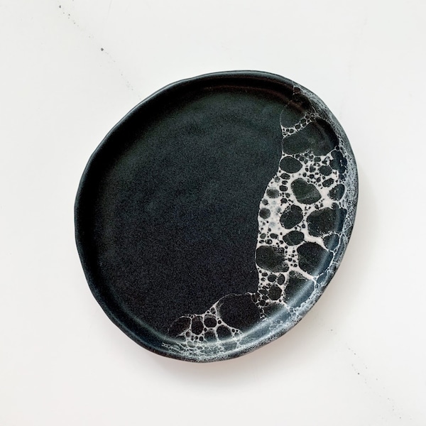 Handmade jewellery tray in matte black and white bubble glaze