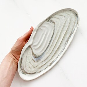 Handmade shell platter in matte and glossy glazed stoneware second, christmas gift, unique home decoration, boho, white home decor image 3