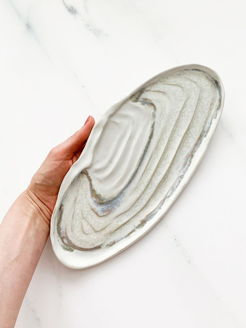 Handmade shell platter in matte and glossy glazed stoneware second, christmas gift, unique home decoration, boho, white home decor image 3