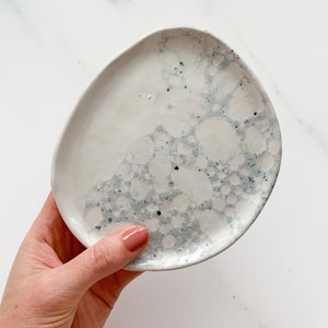 Mini white gray plate in bubble glaze with speckles of black, handmade gift, white ceramics, christmas gift, home decor, jewelry dish, nr.29 image 2