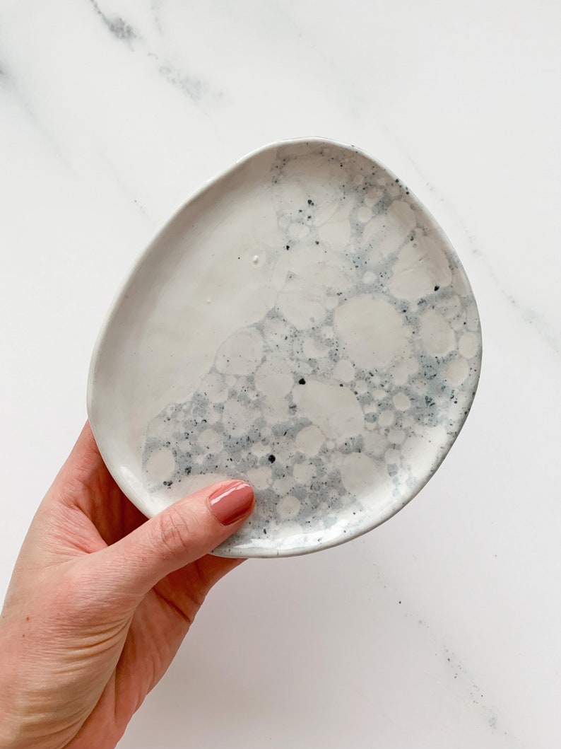 Mini white gray plate in bubble glaze with speckles of black, handmade gift, white ceramics, christmas gift, home decor, jewelry dish, nr.29 image 2