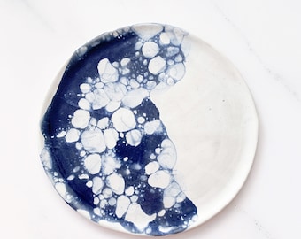 Serving plate in matte cream white and blue glossy bubble glazed stoneware, handmade ceramics, boho art, christmas gift, table decoration
