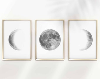 Set of 3 Moon Phase Prints, High Quality Moon poster, Bedroom Decor Lunar Phases wall art, La Lune, luna, Nursery Moon, Above bed Art, Space