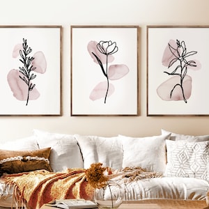 Large Boho Download, Botanical Print Set of 3, Gallery Wall art, Blush Pink Wild Flowers Printable Art, Abstract Black Line Watercolor