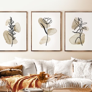 Descarga grande de Boho, Conjunto de impresión botánica Boho de 3, Beige Tan Gallery Arte de pared, Flores minimalistas Arte imprimible, Línea abstracta Acuarela