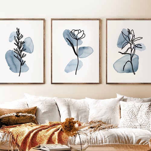 Navy Watercolor Flower Wall Art Printable Floral Wall Art Etsy