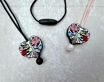 Heart With Bones Fidget Necklace, Gothic Sensory Toy, Silicone Halloween Stimming Jewelry