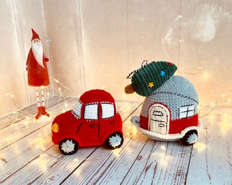 Crochet Christmas Car & Trailer Plush Set, Christmas decorations, Handmade Gift