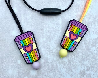 Rainbow Coffee Cup Fidget Necklace, Silicone Sensory Toy, Adult Stimming Jewelry