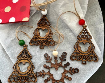 Wood Mickey tree & snowflake beaded ornament set of 4