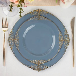 BalsaCircle 10 Burgundy Round 8" Disposable Plastic Salad Dinner Plates Gold Embossed Baroque Trim Party Events Decorations