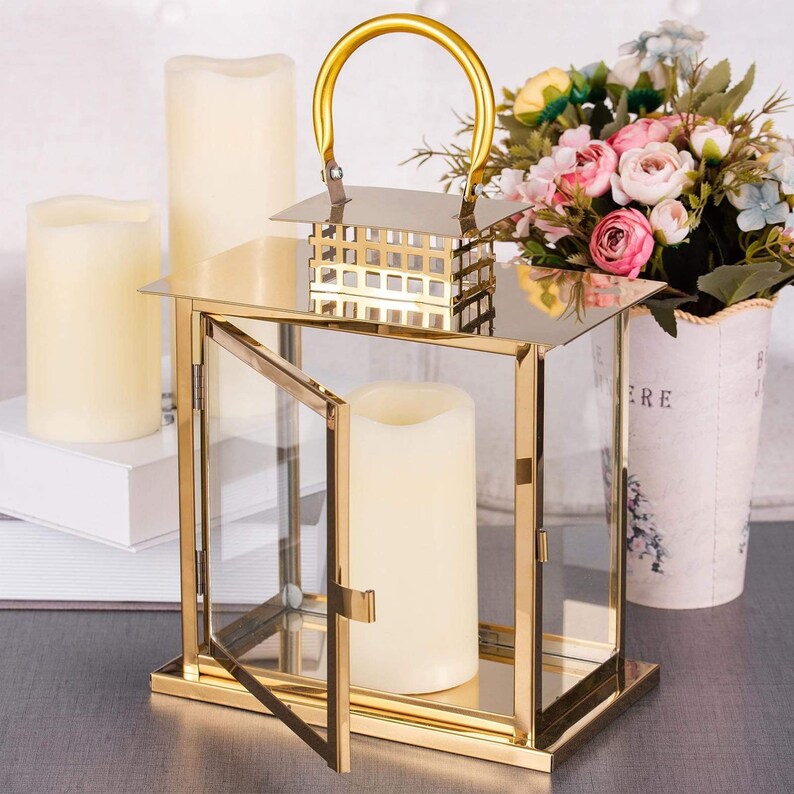 10 in Tall Gold Metal Lantern Candle Holder Centerpiece Etsy