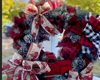 Red truck wreath, Christmas red truck wreath for front door, Christmas flockedpine cones  wreath.  red truck wreath, red truck decor.
