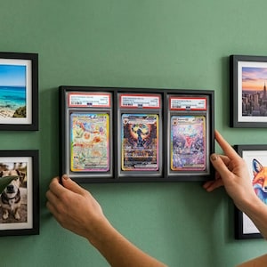 May include: A wall display featuring framed artwork and a black frame holding three graded trading cards. Additional framed art includes a beach scene, a cityscape, a dog portrait, and a colorful fox illustration. The wall is painted a muted green.
